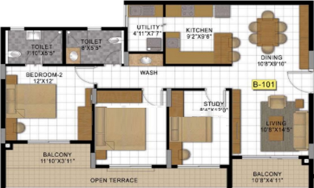 2 BHK+2T 1070/sqft-saleable  Sqft Apartment For Sale In CMRS Rishi Enclave In Brookefields Floor Plan