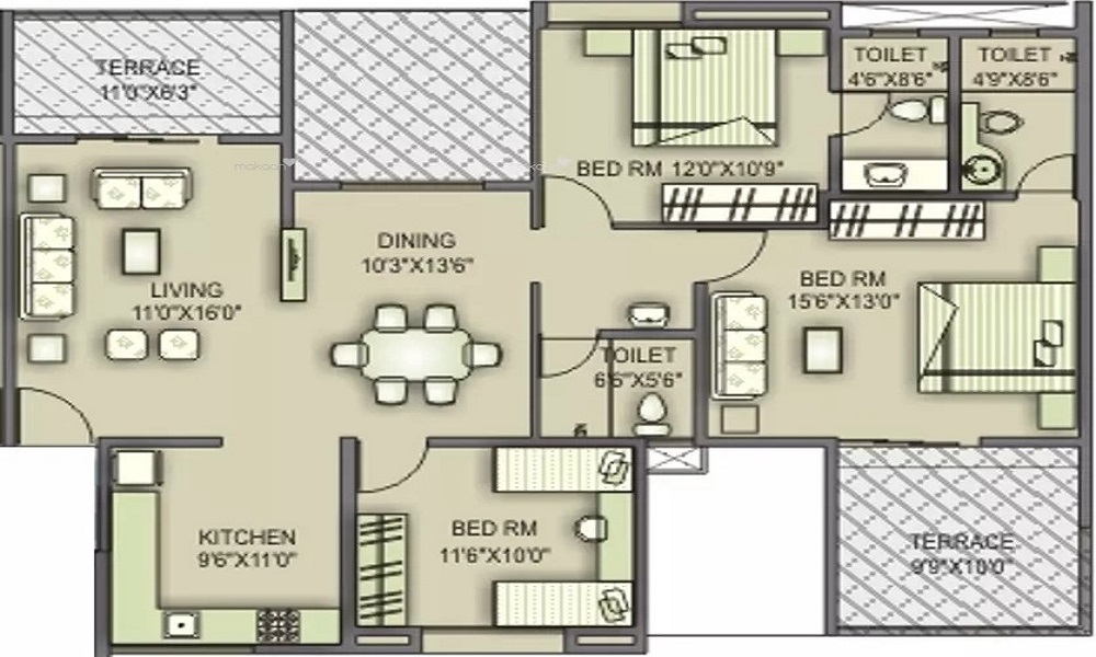 2 BHK+2T 1162/sqft-saleable  Sqft Apartment For Sale In MC Anisha Stoneyards In Kaggadasapura Floor Plan