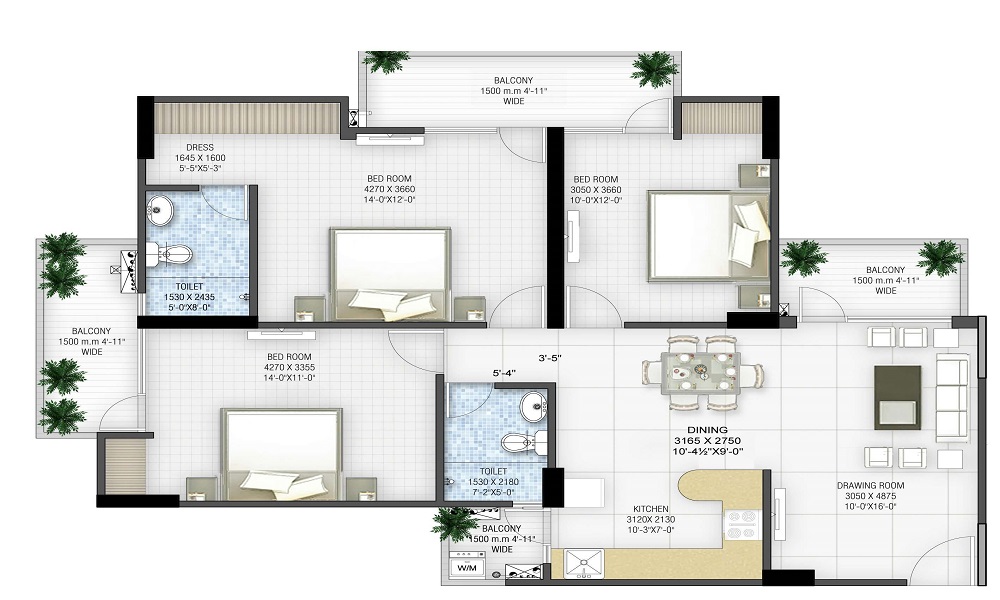 2 BHK+2T 1350/sqft-saleable Sqft Apartment For Sale In SR Grandeur In Banaswadi Floor Plan