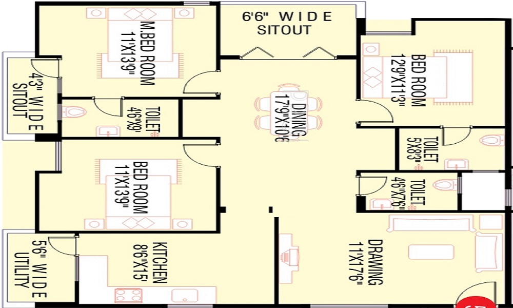2 BHK+2T 1110/sqft-saleable  Sqft Apartment For Sale In SR Kens Residency In Mahadevapura Floor Plan