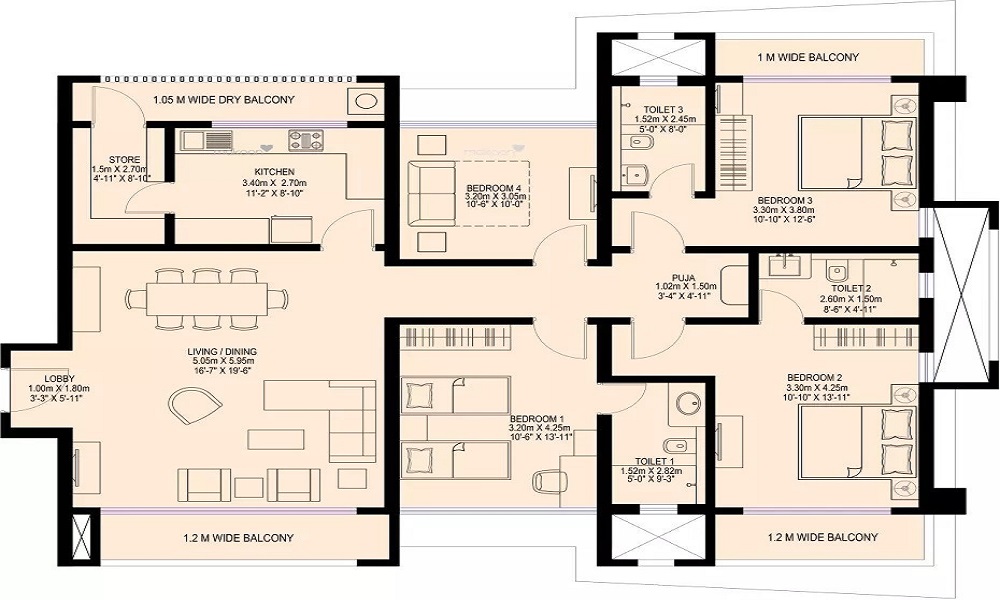 1 BHK+1T 650/sqft-saleable  Sqft Apartment For Sale In Suvilas Palms In Abbigere Floor Plan