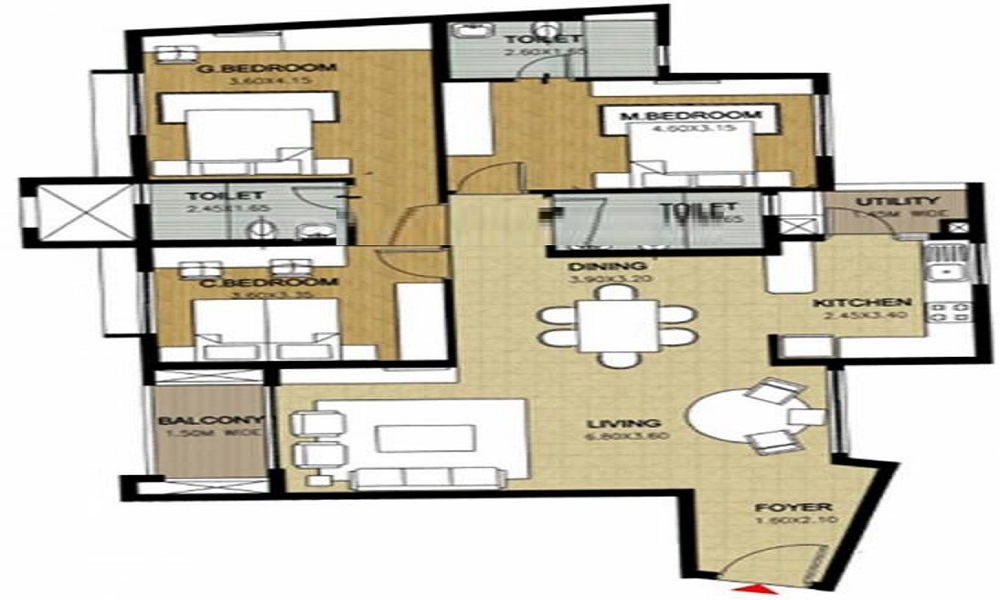 2 BHK+2T 1067/sqft-saleable Sqft Apartment For Sale In Skyline Exaltus In Kanakapura Road Floor Plan