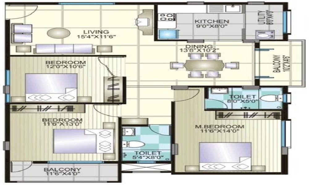 2 BHK+2T 1245/sqft-saleable  Sqft Apartment For Sale In Amigo Agna Indraprastha In Murugeshpalya Floor Plan
