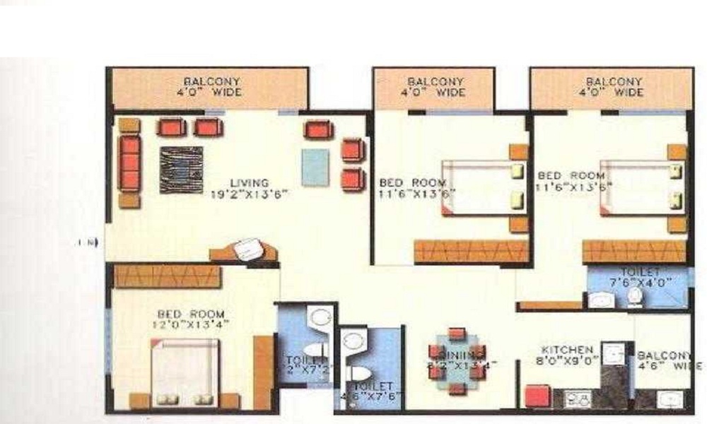 2 BHK+2T 1190/sqft-saleable Sqft Apartment For Sale In Balaji Pristine In Whitefield Floor Plan