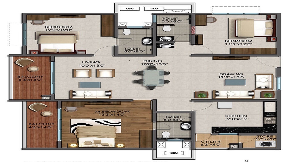 2 BHK+2T 1020/sqft-saleable  Sqft Apartment For Sale In Gopalan Royal Heritage In Mahadevpura Floor Plan