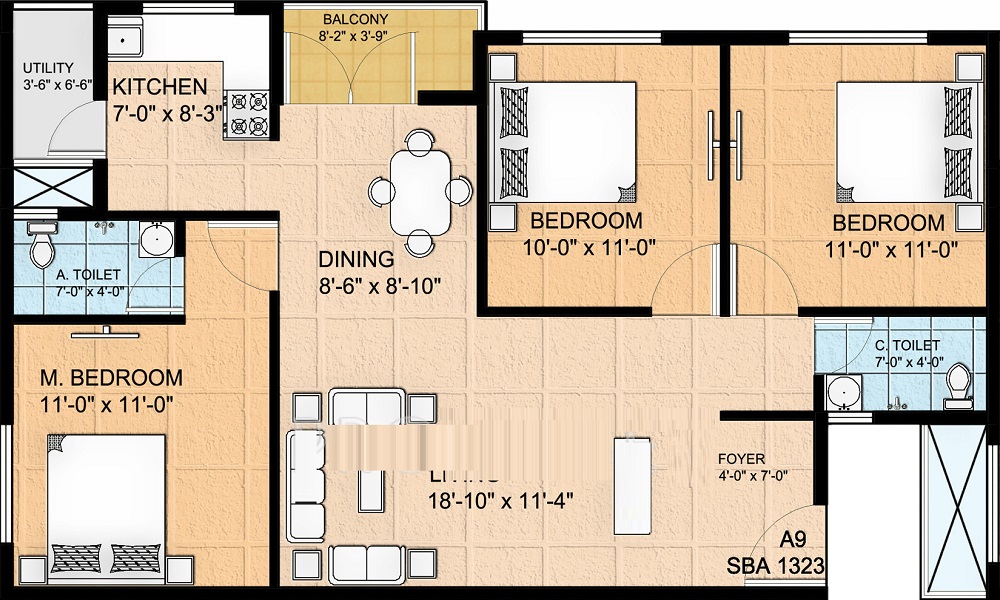 1 BHK+1T 680/sqft-saleable Sqft Apartment For Sale In Prabhavathi Lotus Grand In Basapura Floor Plan