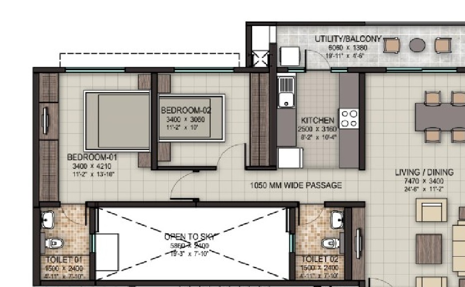 1 BHK+1T 645/sqft-saleable Sqft Apartment For Sale In Sobha Rain Forest In Panathur Floor Plan