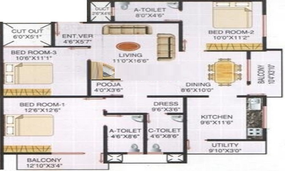 2 BHK+2T 1075/sqft-saleable Sqft Apartment For Sale In Nishitas Elegant Palace In Gottigere Floor Plan