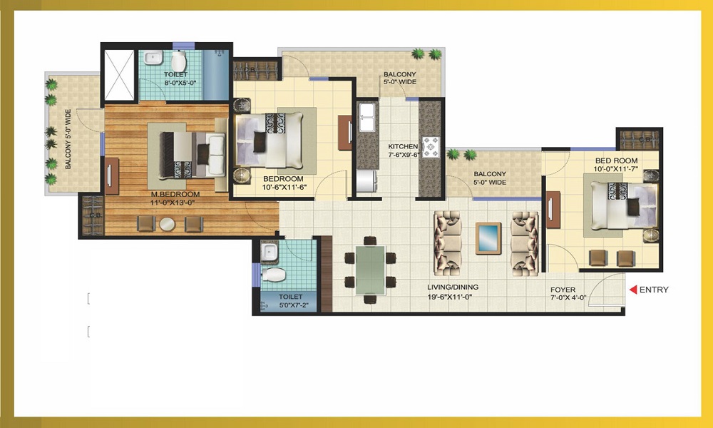 2 BHK+2T 1060/sqft-saleable Sqft Apartment For Sale In VVIP Homes In Noida Extension Floor Plan
