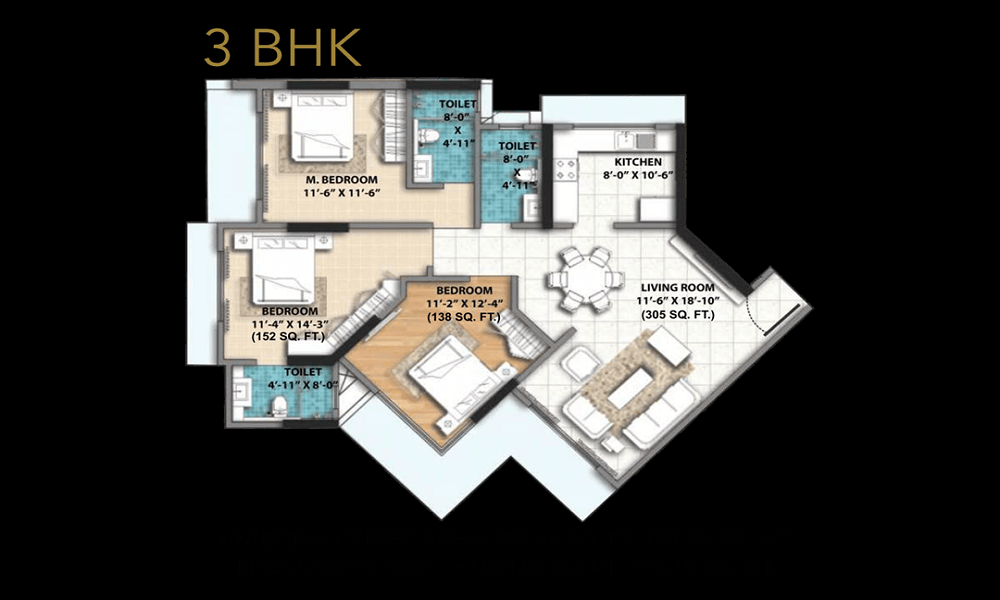 2 BHK+2T 1100/sqft-carpet Sqft Apartment For Sale In Ahuja Central In Khar Floor Plan