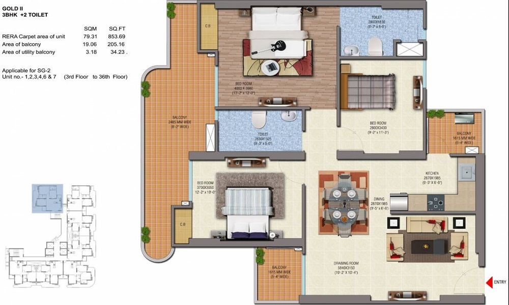 2 BHK+2T 1080/sqft-saleable Sqft Apartment For Sale In Saya Gold Avenue In Indirapuram Floor Plan