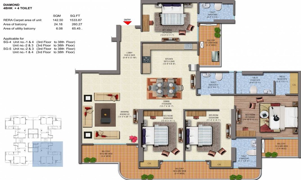 2 BHK+2T 1080/sqft-saleable Sqft Apartment For Sale In Saya Gold Avenue In Indirapuram Floor Plan