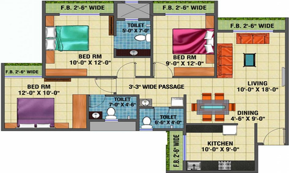 2 BHK+2T 1032/sqft-saleable Sqft Apartment For Sale In Arihant Anaika In Taloja Floor Plan