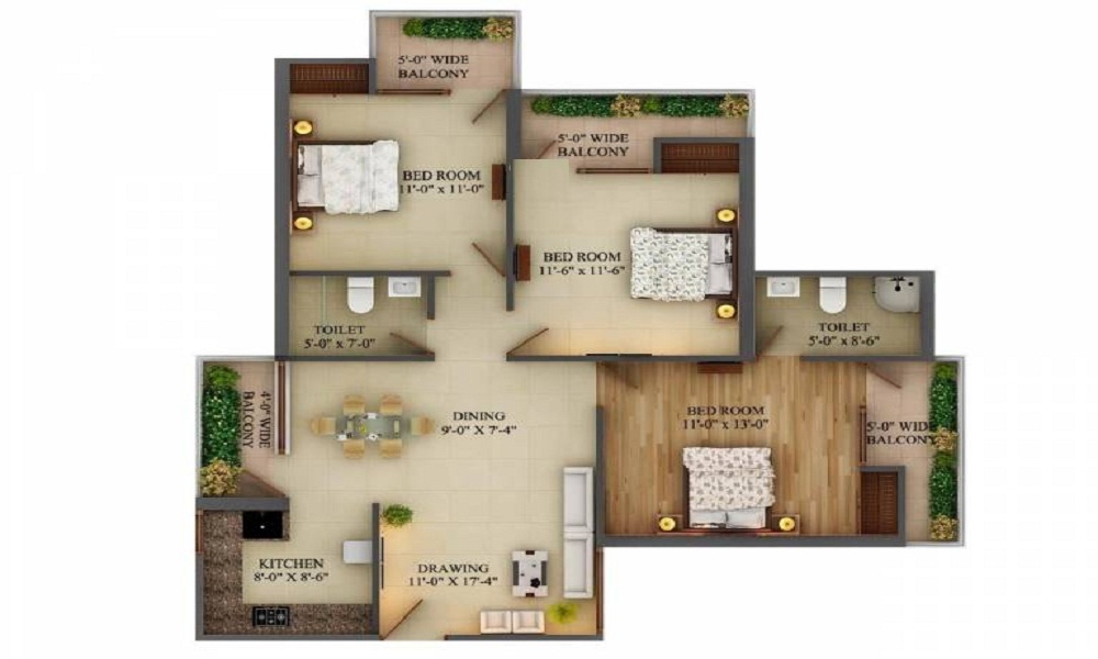 2 BHK+2T 995/sqft-saleable Sqft Apartment For Sale In Adwik Grand Casa In Raj Nagar Extension Floor Plan