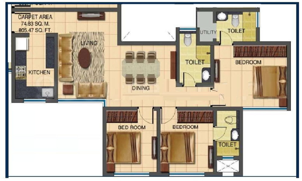 2 BHK+2T 606/sqft-saleable Sqft Apartment For Sale In Nirmal Centre Court In Mulund Floor Plan