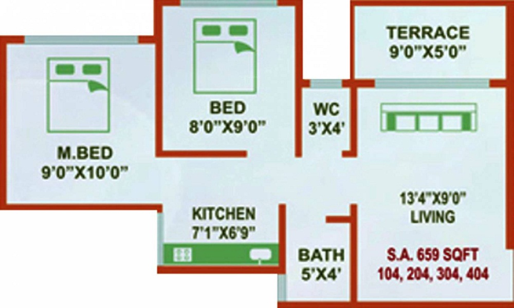 3 BHK+3T 1262/sqft-saleable Sqft Apartment For Sale In Balaji Modern City In Panvel Floor Plan
