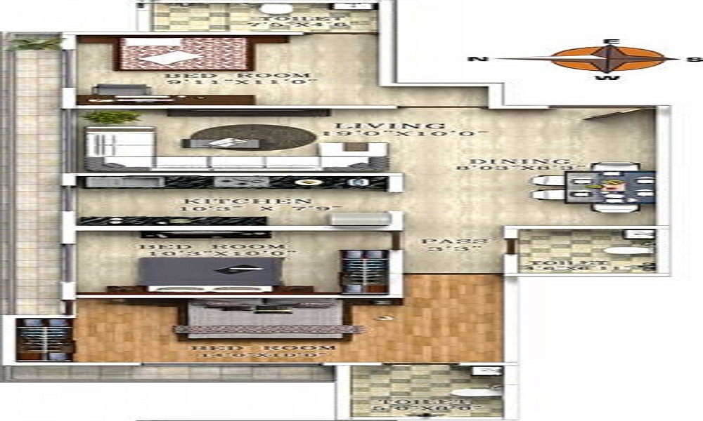 2 BHK+2T 927/sqft-saleable Sqft Apartment For Sale In Dedhia Elita In Ghodbunder Road Floor Plan
