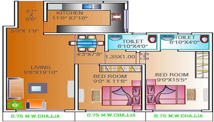 3 BHK+3T 1394/sqft-saleable Sqft Apartment For Sale In Heena Gokul Vaibhav In Dahisar Floor Plan