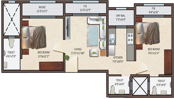 1BHK+1T 650/sqft-saleable Sqft Apartment For Sale In Siddharth Enclave In Lower Parel Floor Plan