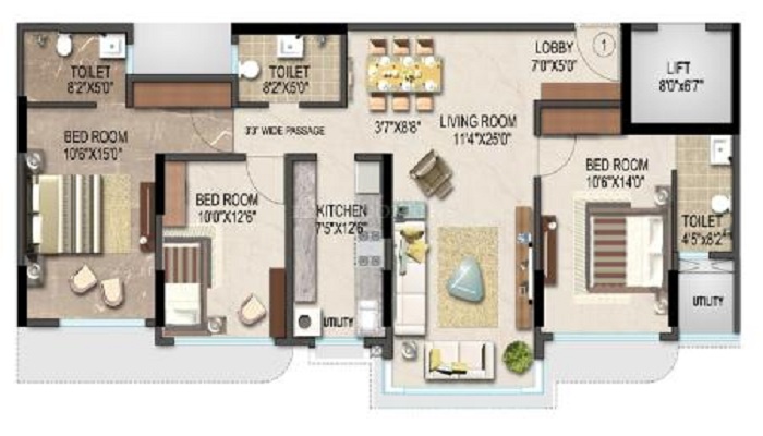 2 BHK+2T 750/sqft-saleable Sqft Apartment For Sale In Suvidha Pearl In Vile Parle East Floor Plan