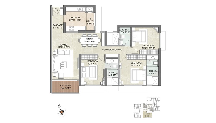 2 BHK+2T 1075/sqft-saleable Sqft Apartment For Sale In Kalpataru Tarangan 1 In Thane West Floor Plan