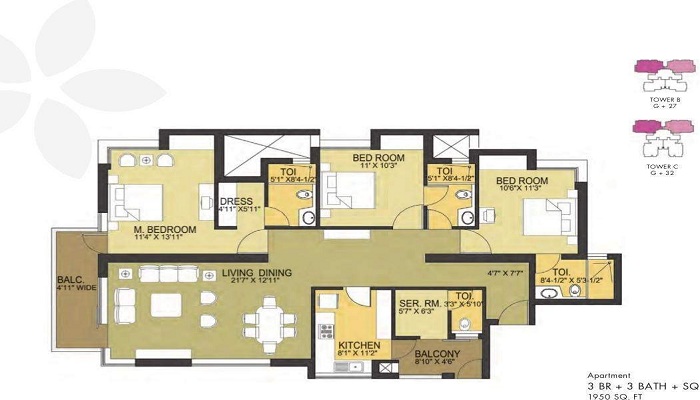 2 BHK+2T 954/sqft-saleable Sqft Apartment For Sale In Siddhivinayak Laksh Heights In Ulhasnagar Floor Plan