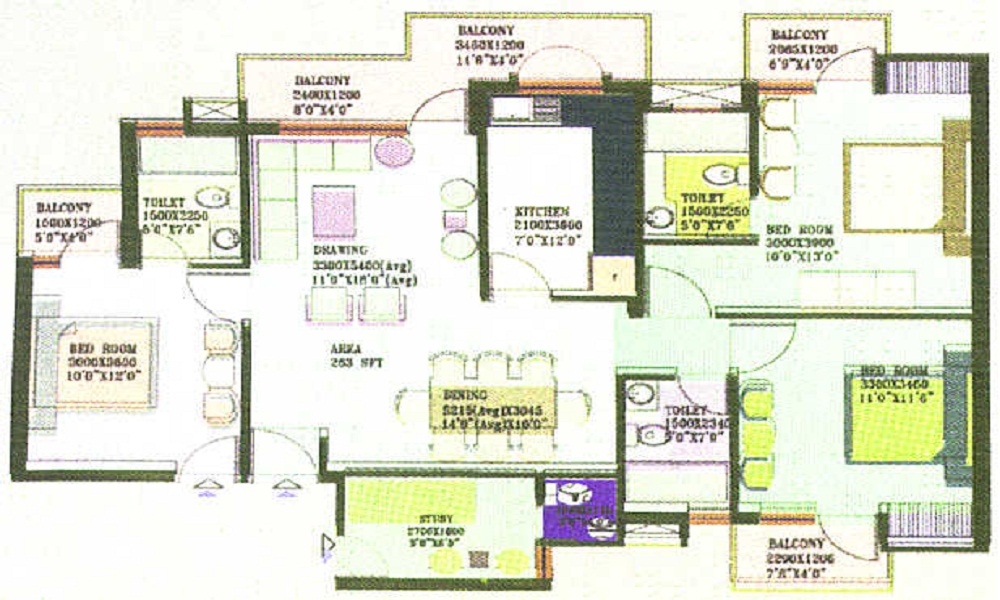 2 BHK+2T 1200/sqft-saleable Sqft Apartment For Sale In AJS Heights In Indirapuram Floor Plan