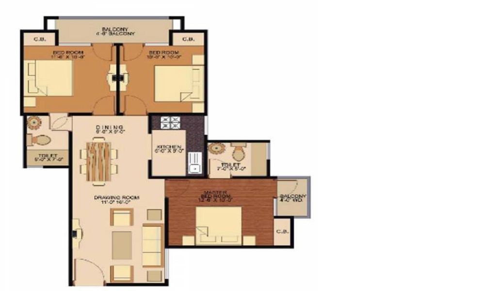 2 BHK+2T 1150/sqft-saleable Sqft Apartment For Sale In Classic Residency Phase 2 In Raj Nagar Extension Floor Plan