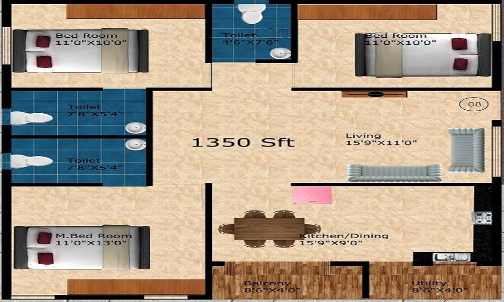 2 BHK+2T 1495/sqft-saleable Sqft Apartment For Sale In Majestique Skypark In Kondhwa Floor Plan