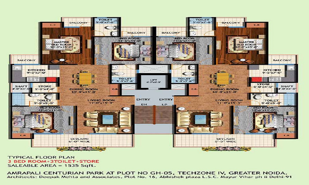 3 BHK+3T 1675/sqft-saleable Sqft Apartment For Sale In Amrapali Centurian Park In West Techzone 4 Floor Plan