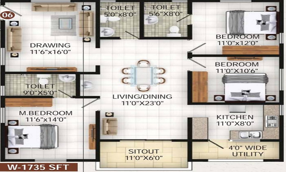 2 BHK+2T 1320/sqft-saleable Sqft Apartment For Sale In Arsis Developers Green Hills In KR Puram Floor Plan