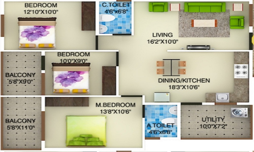 2 BHK+2T 834/sqft-saleable Sqft Apartment For Sale In DSMAX SPARK NEST In Jakkur Floor Plan