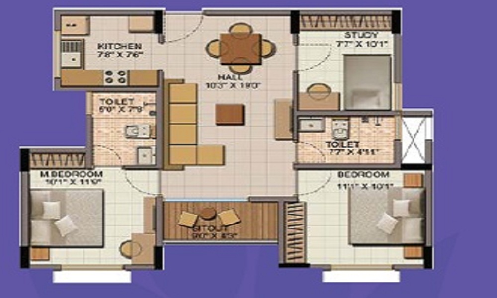 2 BHK+2T 850/sqft-saleable Sqft Apartment For Sale In Shriram Codename BreakFree In Electronic City Phase 2 Floor Plan