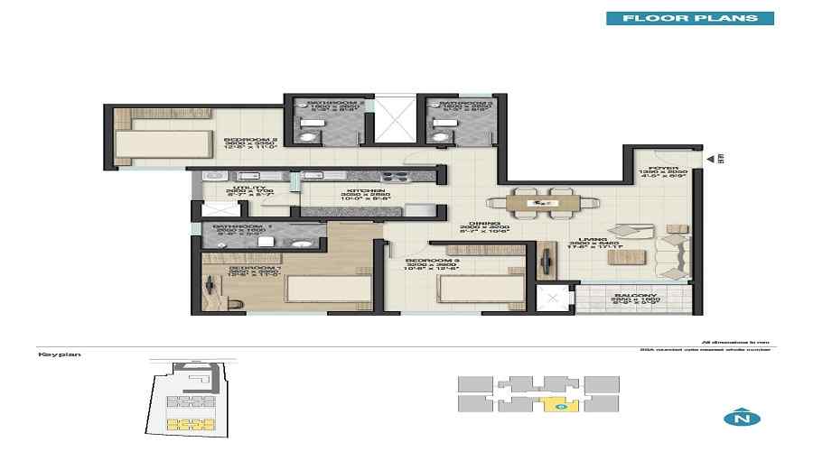 3 BHK+3T Apartment With Size 1034/sqft-carpet Sqft For Sale In Sobha Palm Court Yelahanka Bangalore Floor Plan