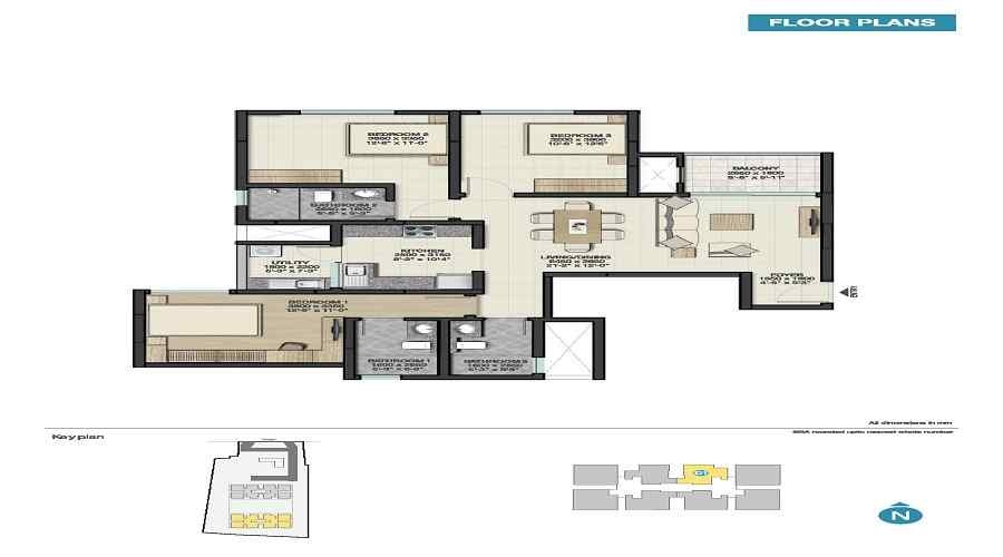 3 BHK+3T Apartment With Size 1163/sqft-carpet Sqft For Sale In Sobha Palm Court Yelahanka Bangalore Floor Plan