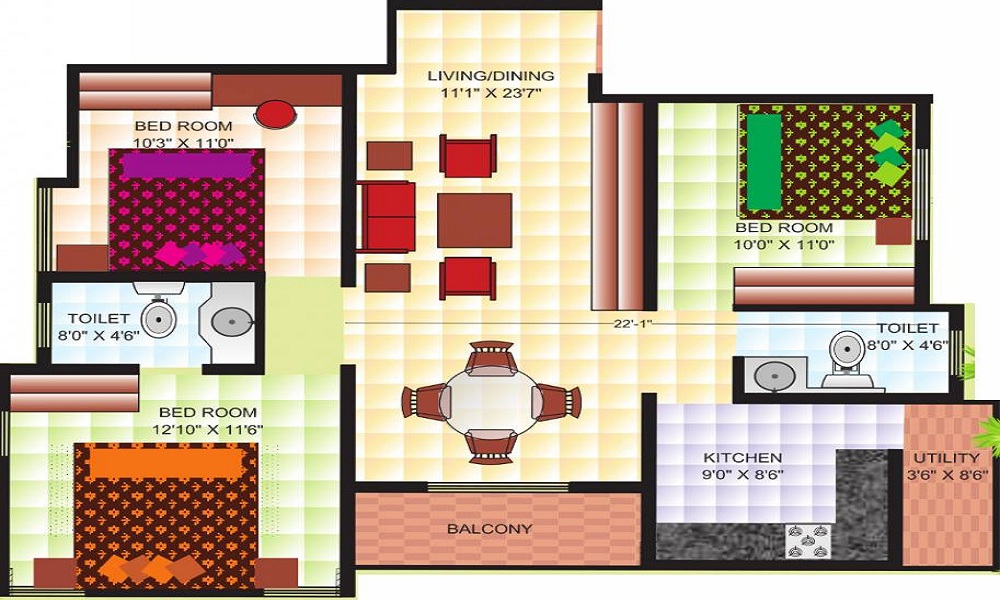 2 BHK+2T 1000/sqft-saleable Sqft Apartment For Sale In Bhumika Pride In Shanti Nagar Floor Plan