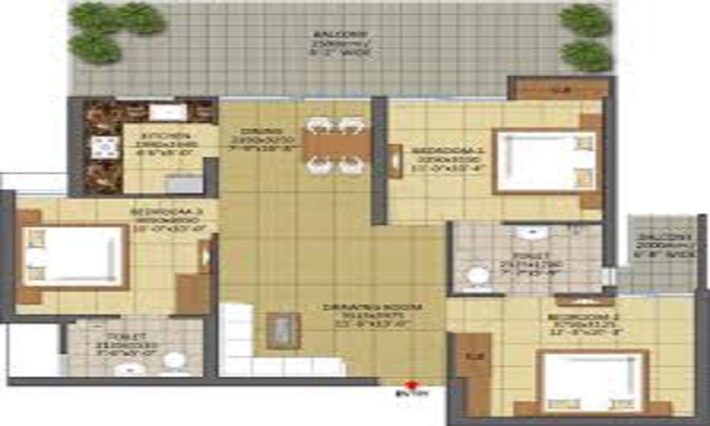 2 BHK+2T 1075/sqft-saleable Sqft Apartment For Sale In Gaur City 7th Avenue In Noida Extension Floor Plan