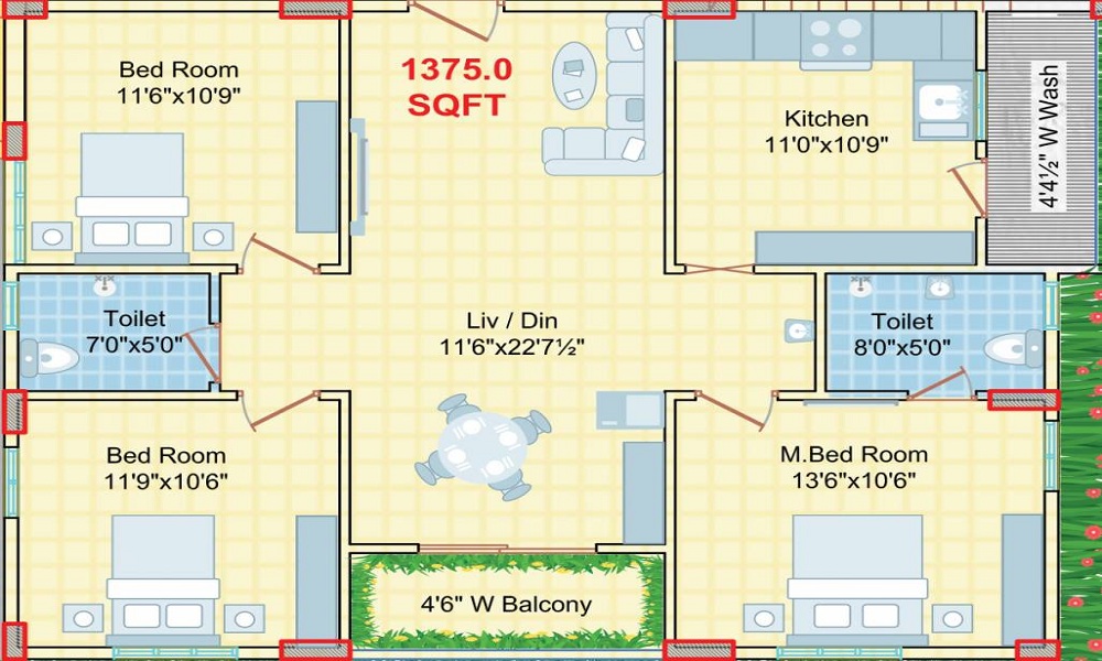 2 BHK+2T 1070/sqft-saleable Sqft Apartment For Sale In Legend Opal In Yelahanka Floor Plan