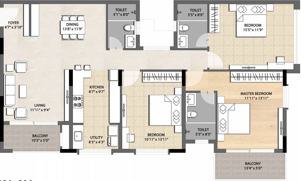 2.5 BHK+2T 1439/sqft-saleable Sqft Apartment For Sale In DNR Spring Leaf In Koramangala Floor Plan