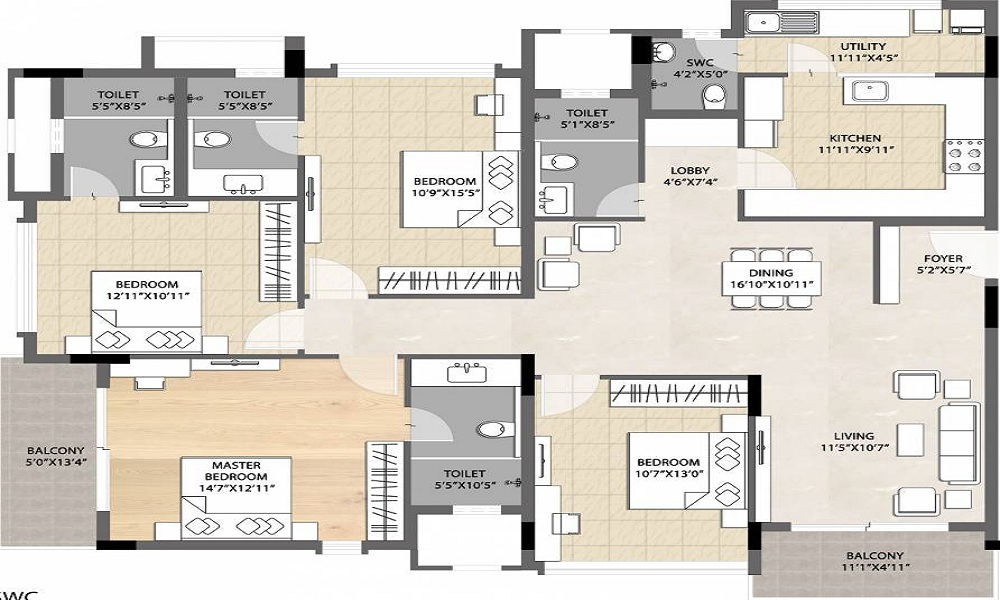 2.5 BHK+2T 1439/sqft-saleable Sqft Apartment For Sale In DNR Spring Leaf In Koramangala Floor Plan