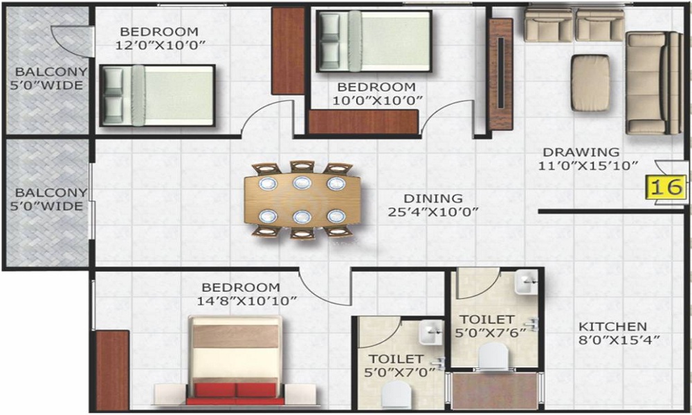 2 BHK+2T 1040/sqft-saleable Sqft Apartment For Sale In SM Zinnia In Varthur Floor Plan