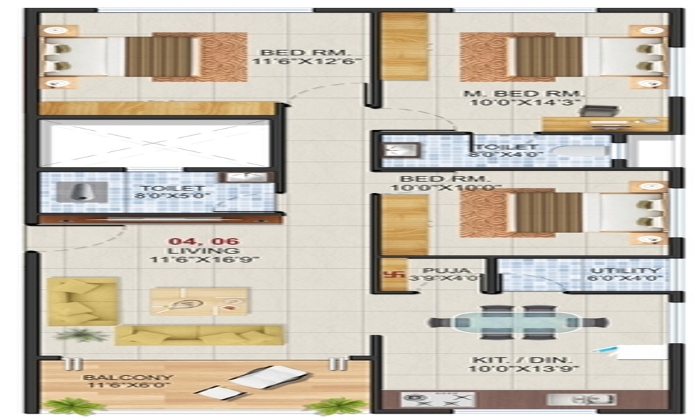 2 BHK+2T 480/sqft-carpet Sqft Apartment For Sale In Nerkar Ganesh Sparsh In Govind Nagar Floor Plan