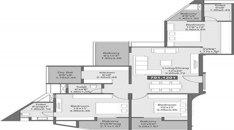 2 BHK+2T 815/sqft-carpet Sqft Apartment For Sale In Saarrthi Shimmer And Shine 2 In Vadgaon Budruk Floor Plan