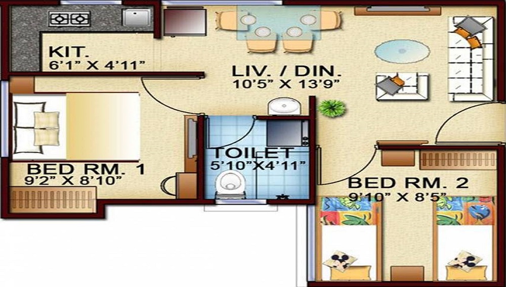 2 BHK+2T 625 /sqft-carpet Sqft Apartment For Sale In Town Garden City In Vedapatti Floor Plan