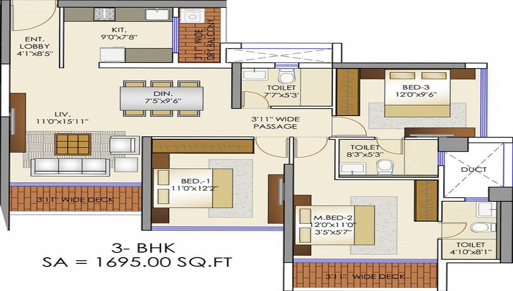2 BHK+2T 1625/sqft-carpet Sqft Apartment For Sale In Runwal Elegante In Andheri West Floor Plan