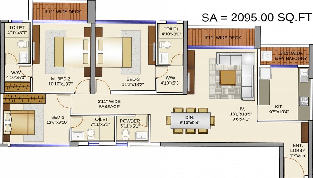 2 BHK+2T 1625/sqft-carpet Sqft Apartment For Sale In Runwal Elegante In Andheri West Floor Plan