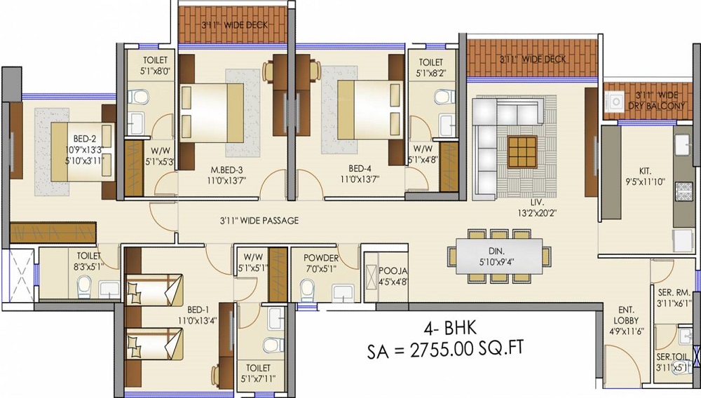 2 BHK+2T 1625/sqft-carpet Sqft Apartment For Sale In Runwal Elegante In Andheri West Floor Plan