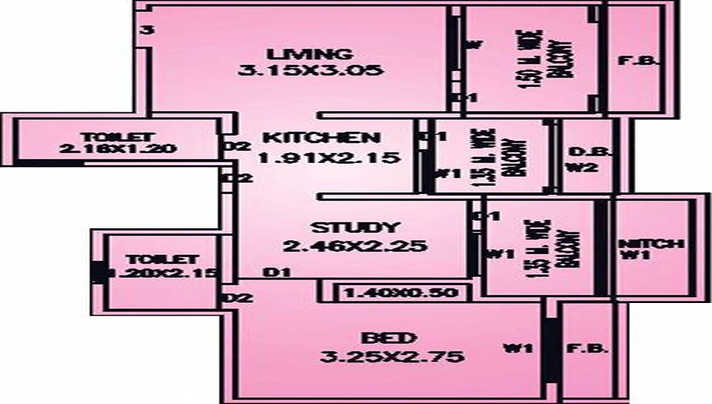 2 BHK+2T 490/sqft-carpet Sqft Apartment For Sale In Vinay Unique Gardens In Virar Floor Plan