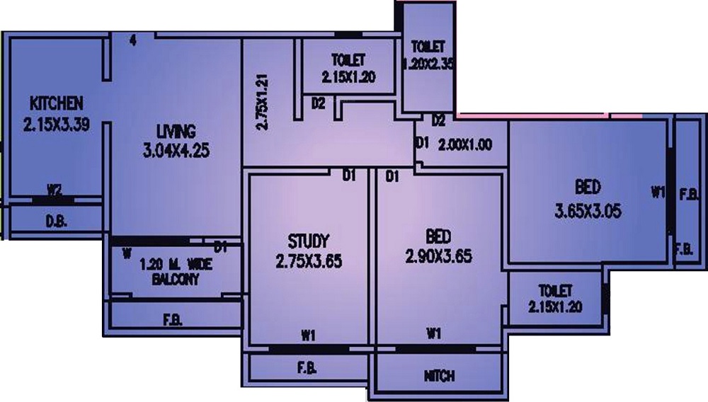 2 BHK+2T 490/sqft-carpet Sqft Apartment For Sale In Vinay Unique Gardens In Virar Floor Plan