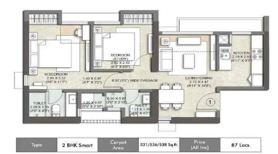 1 BHK+1T 468/sqft-carpet Sqft Apartment For Sale In Kalpataru Parkcity In Thane West Floor Plan